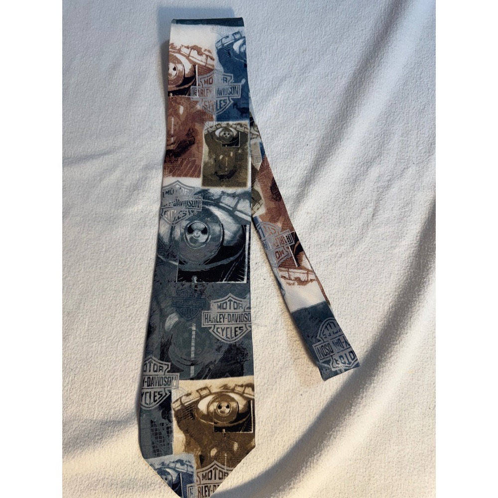 Vintage Harley-Davidson Ralph Marlin Silk Tie Graphic Engine Logo Blue Grey USA